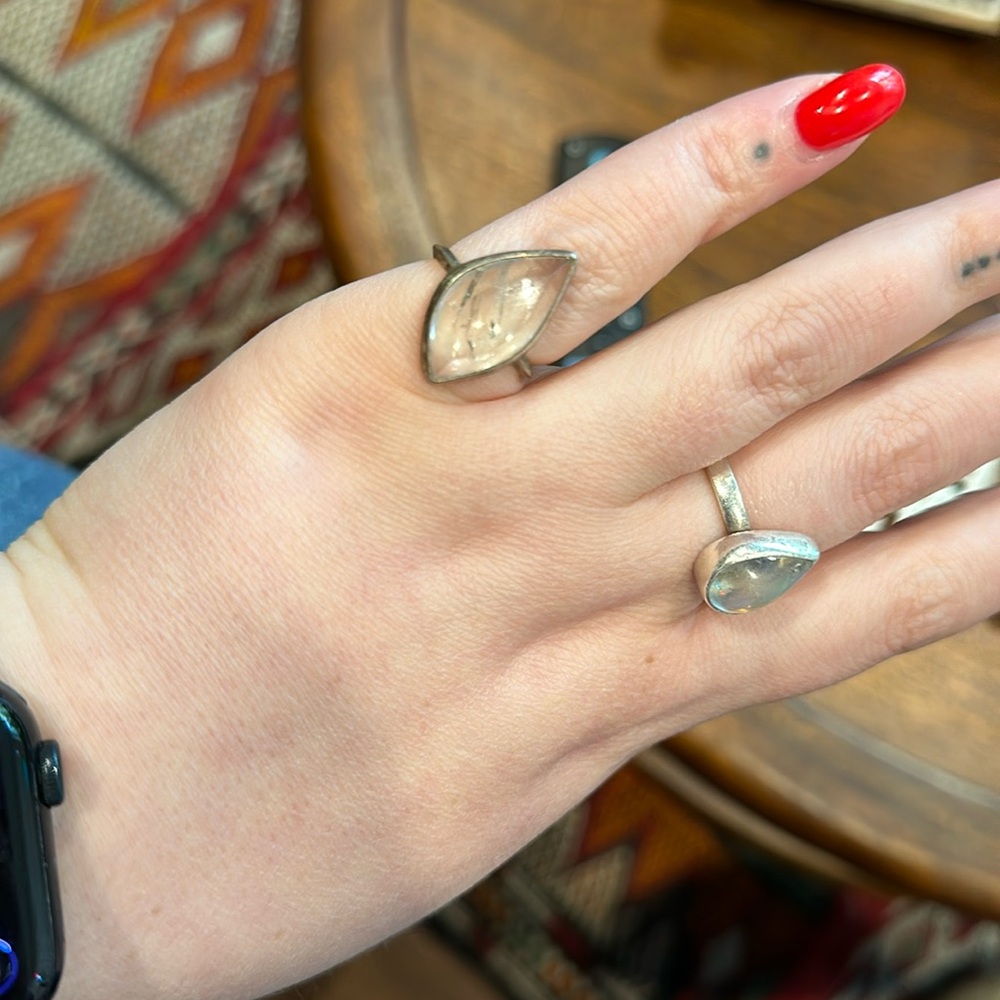 Handmade sterling silver and quartz ring. Beautiful rainbow flash.